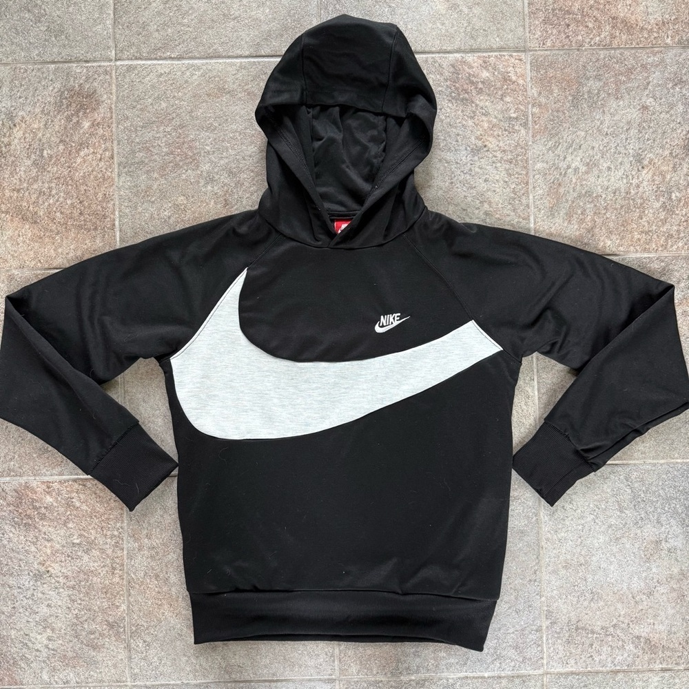 Nike Black and Ash Gray Large Swoop Logo Hoodie Small